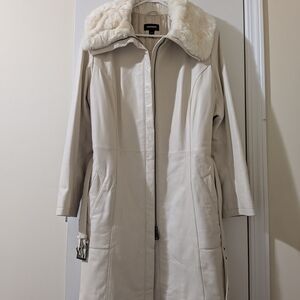 Danier Cream Leather  Coat with Rabbit Fur Collar